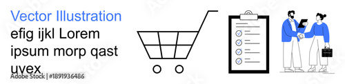 E-Commerce, collaboration, online shopping, business communication, corporate agreement, teamwork. Shopping cart, checklist business handshake. E-Commerce and collaboration concepts