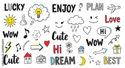 Cute Hand Drawn Emoticons and Symbols on White Background
