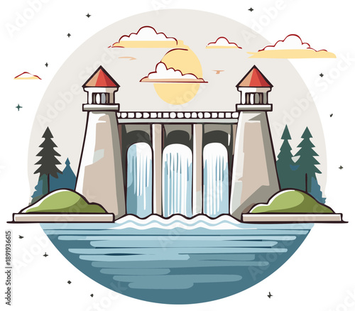 Hydroelectric dam with flowing water and towers in a scenic landscape illustration
