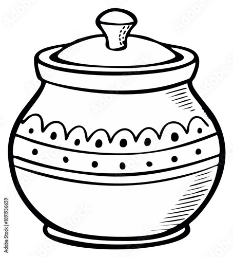 Simple line art drawing of a decorative ceramic pot with a lid and ornate pattern