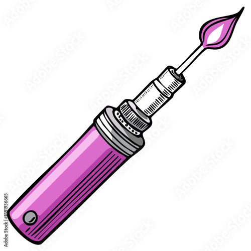 Colorful hand drawn vector illustration of a pink butane micro torch tool