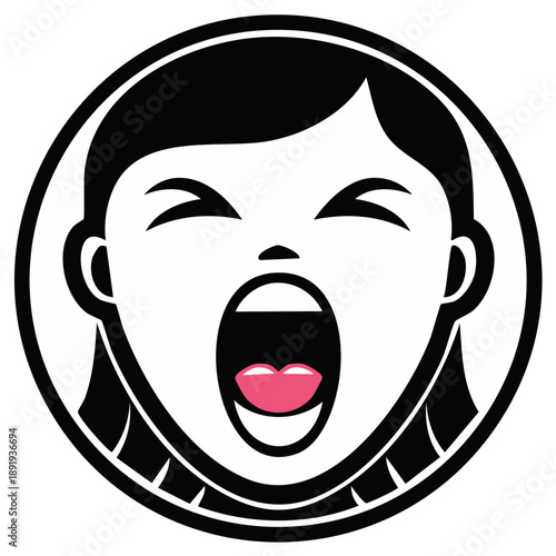 Young girl with wide open mouth and closed eyes in circular frame expressing emotion