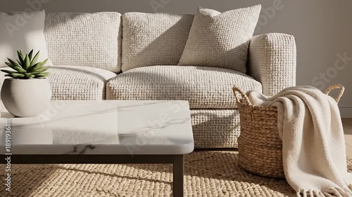 A cozy interior scene featuring a textured sofa, woven rug, and minimalist coffee table with plants