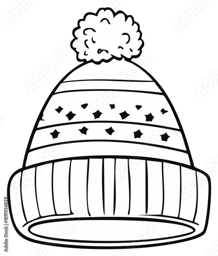 Knitted Winter Hat with Pom Pom - Hand-Drawn Style Illustration in Black and White