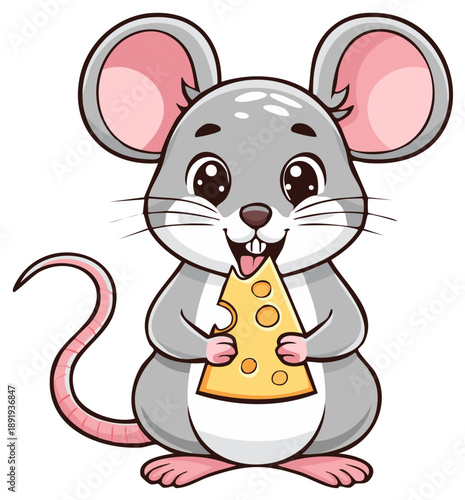 Cute cartoon mouse happily eating a slice of Swiss cheese