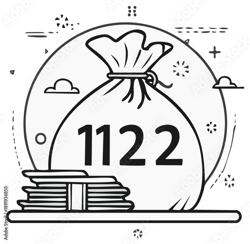 Vector illustration of a money bag with numbers 1122 and a stack of cash for financial concepts