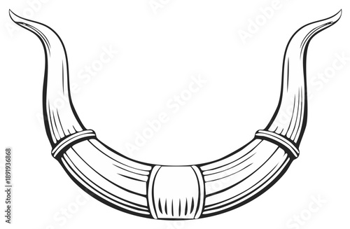 Stylized Curved Horn Cornucopia Outline Black and White Graphic Element