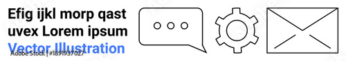 Speech bubble, gear, and envelope designs. Ideal for communication, email, messaging, conversation, settings, technical support and simple landing page
