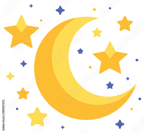 Stylized Crescent Moon and Stars in a Whimsical Night Sky