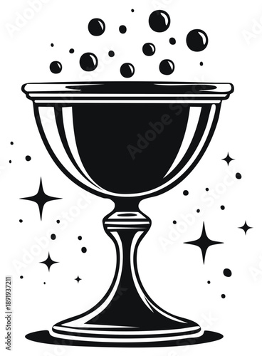 Magic potion cauldron chalice with bubbling ingredients and stars, witchcraft design, spooky Halloween vector illustration