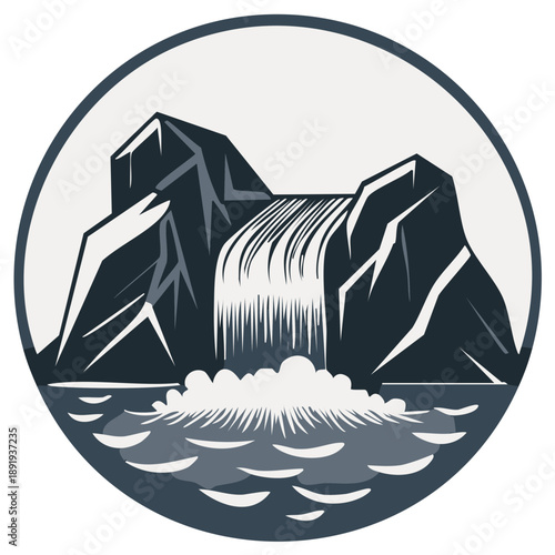 Circular emblem showcasing a waterfall cascading between rocky cliffs into a body of water, set in minimalist illustration.