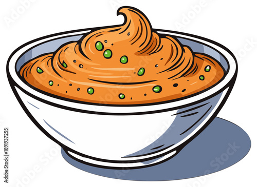 Bowl of delicious orange sauce, a savory topping or dip, garnished with green peas, perfect for enhancing food presentation