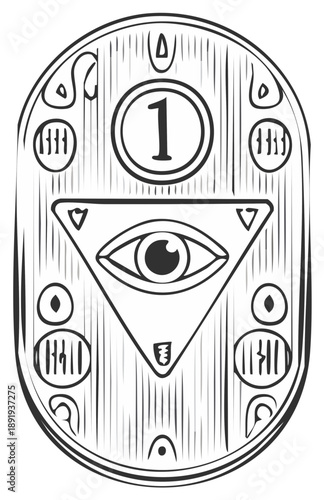 Monochromatic mystical card with triangle all seeing eye and number one showcasing magical elements