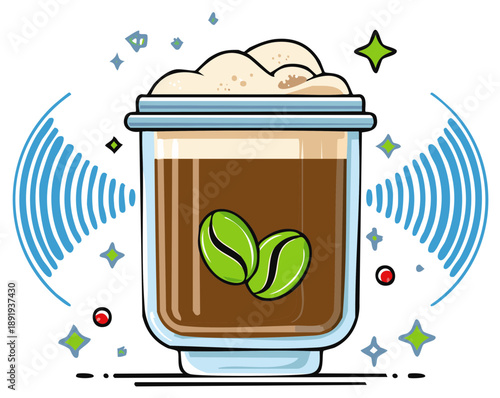 Vibrant coffee drink illustration with green beans foam and energetic connection waves