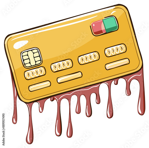 Conceptual illustration of a gold credit card with a pill melting and dripping blood for medical debt