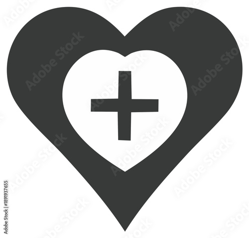 Heart symbol with plus sign for healthcare and medical concepts, simple graphic design