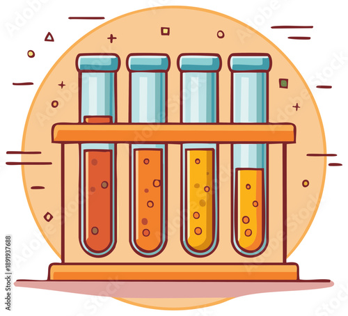 Four laboratory test tubes with colorful liquids in a stand