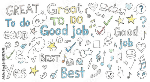 Positive Feedback Doodles with Stars and Checkmarks on White Background