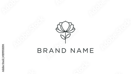 Minimalist line art logo of a blooming flower with stem and leaves and brand name text below.