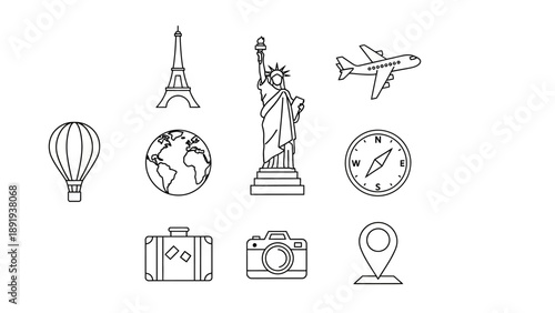Travel and tourism icons set with famous landmarks and travel essentials.