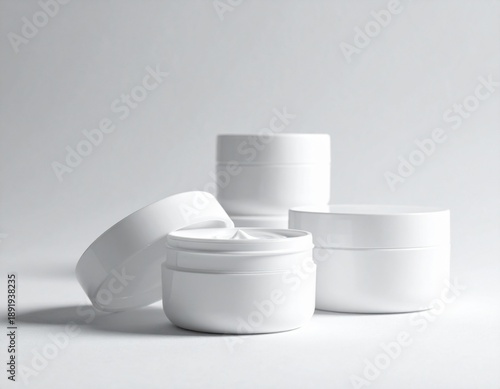 group of Skincare cream jars mockup with empty branding space, minimalist composition on a neutral grey background with soft lighting.