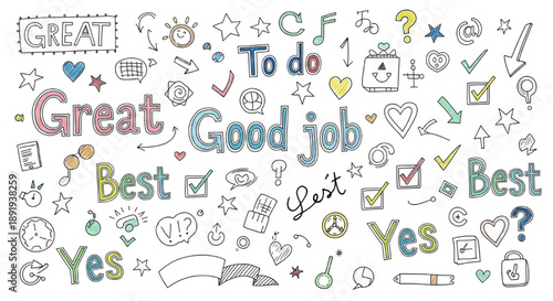 Colorful Handwritten Doodles with Positive Words and Symbols on White Background