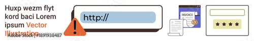Online security, digital payments, customer feedback, website navigation, warning signs, error handling. Visual elements include a URL bar with a warning icon, invoice document, and review stars