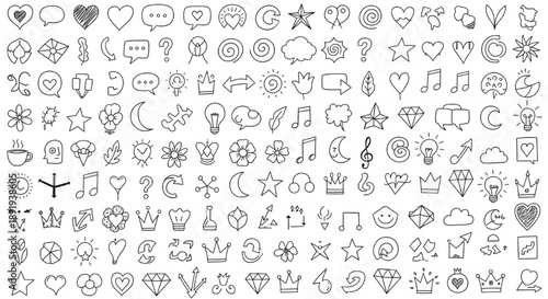 Black and White Icon Set Featuring Various Symbols and Emotions on White Background