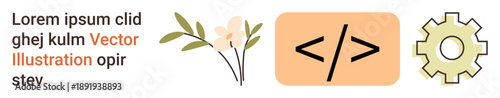 Web development, software design, engineering processes, nature , coding education, visual communication. A code symbol, floral element and gear icon. Web development and software design concept