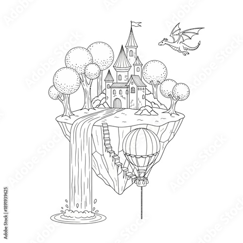 Fantasy floating island with castle, waterfall, hot air balloon, and flying dragon.