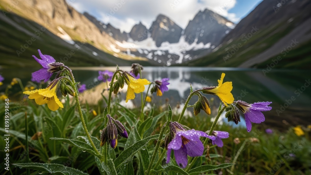 Obraz premium A serene mountain landscape with vibrant wildflowers in the foreground