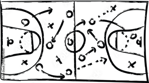 Hand drawn diagram illustrating a complex strategy for a team sport game