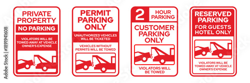 Towing sign set. Truck towing car service, no parking, tow away zone, private parking, towing enforced signs. Towing sign, icon, logo, label, badge, sticker, symbol, red, vector, isolated illustration