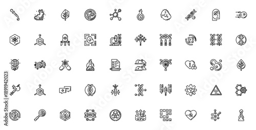 Bioengineering icon set. Vector symbols for DNA, genetics, cell, lab, molecule, nanotechnology, ecology and more. Editable linear icons.