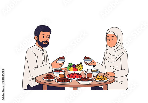 Flat design illustration of a man and woman in traditional attire eating dates and other foods from bowls at a table with a vector style and warm colors against a clean white background.