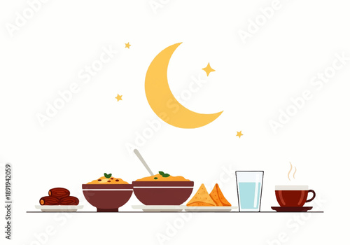 A flat design illustration vector of a Ramadan iftar table setting with a crescent moon and stars, featuring a variety of traditional foods and drinks on a clean white background.