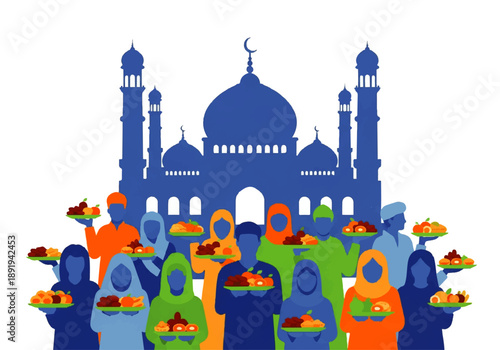 Flat design illustration vector of a mosque with a group of people in traditional clothing holding food in front, against a white background with a vibrant color scheme.