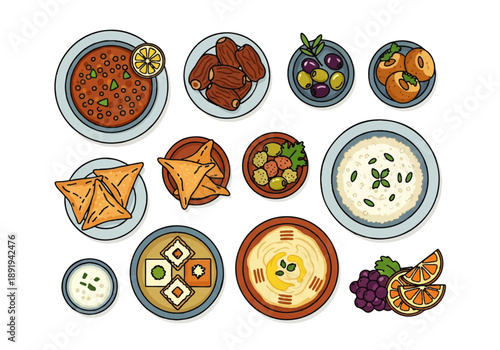Flat design illustration vector of various international dishes and fruits on plates against a clean white background.