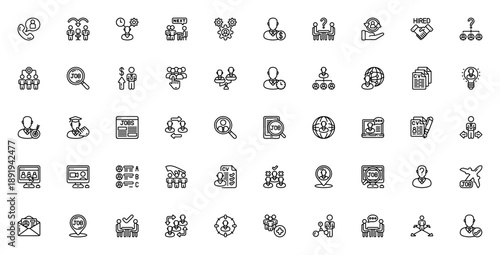 Recruitment icon set. Minimal line vector icons pack. Includes interview, candidate, job, salary, CV, selection, hiring and more. Editable stroke.