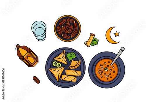 Flat design illustration vector of a traditional iftar meal with dates, samosas, and other dishes arranged on plates with a crescent moon and star, against a clean white background.