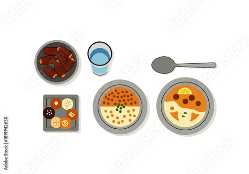 Flat design illustration vector of various dishes and utensils on a clean white background, showcasing a meal setup with bowls, plate, and spoon.