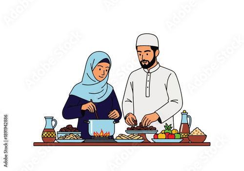 Flat design illustration vector of a Muslim couple preparing food together in a traditional setting with a variety of dishes and drinks on the table.