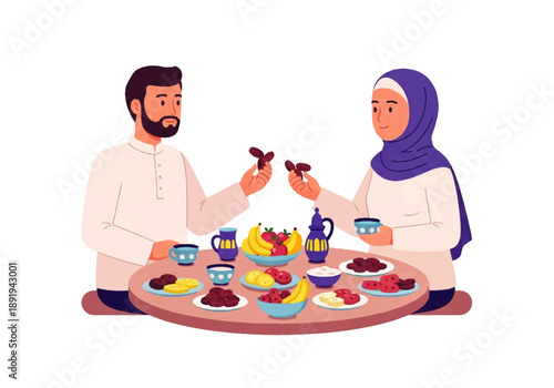Flat design illustration of a man and woman in traditional attire sharing dates at a table with colorful food and drinks on a white background, vector graphic.