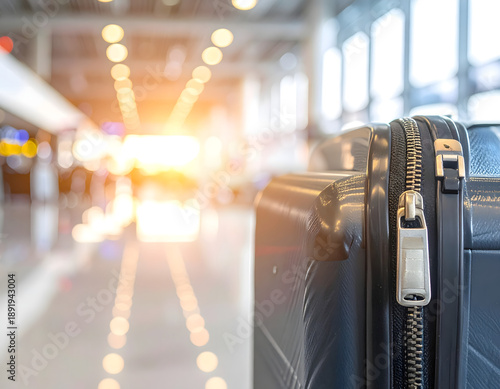 Close Up of Travel Suitcase in Airport Terminal with Blurred Background