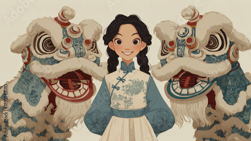 Chinese traditional lunar new year Spring Festival celebration in Asia. Mulan, a young girl wearing traditional Chinese clothing, standing with two lionlike creatures, against a white background.