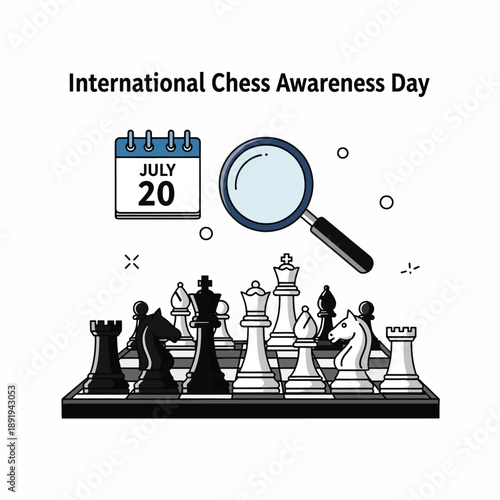 A graphic illustration promoting International Chess Awareness Day on July 20 with chess pieces and a magnifying glass