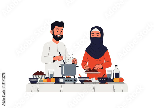Flat design illustration vector of a man and woman cooking together in a kitchen with various utensils and dishes on the table.