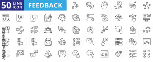 feedback and review icon pack outline contains customer, relationship, management, survey, satisfaction, criticism, trust, testimonial, rating, reliability, safety, love, brand, promotion, marketing