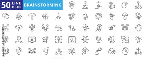 brainstorming icon pack outline contains creative work, imagination, business intelligence, idea, problem solving, innovation, discussion, knowledge transfer, sharing, thinking, machine learning