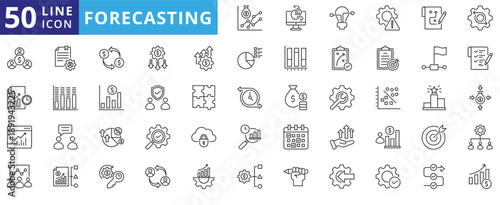 forecasting icon pack outline contains data regression, prediction, profit, projection, estimate, trend, planning, model, analysis, business process, iteration, history, benchmark, kpi, metric, report